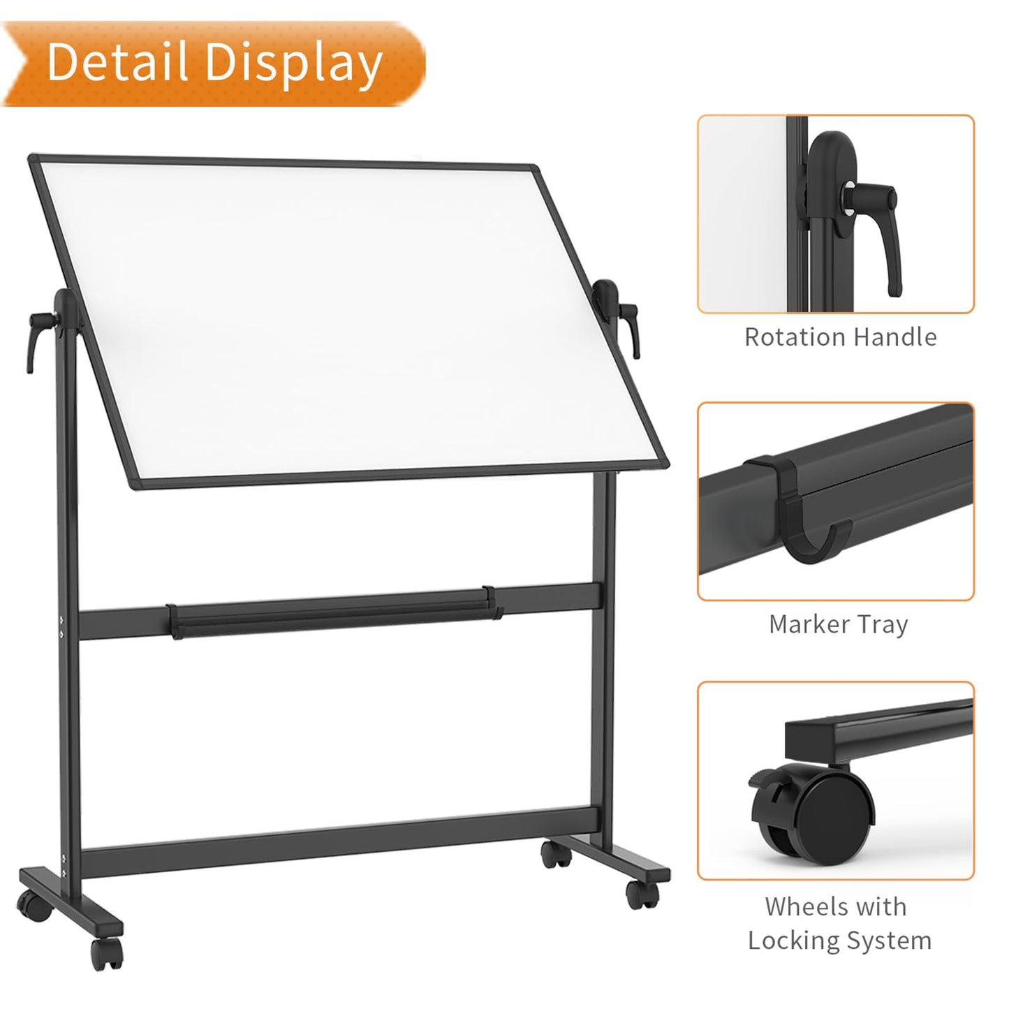 VIZ-PRO Double-Sided Magnetic Mobile Whiteboard, 48 x 36 Inches, Black Aluminium Frame and Stand