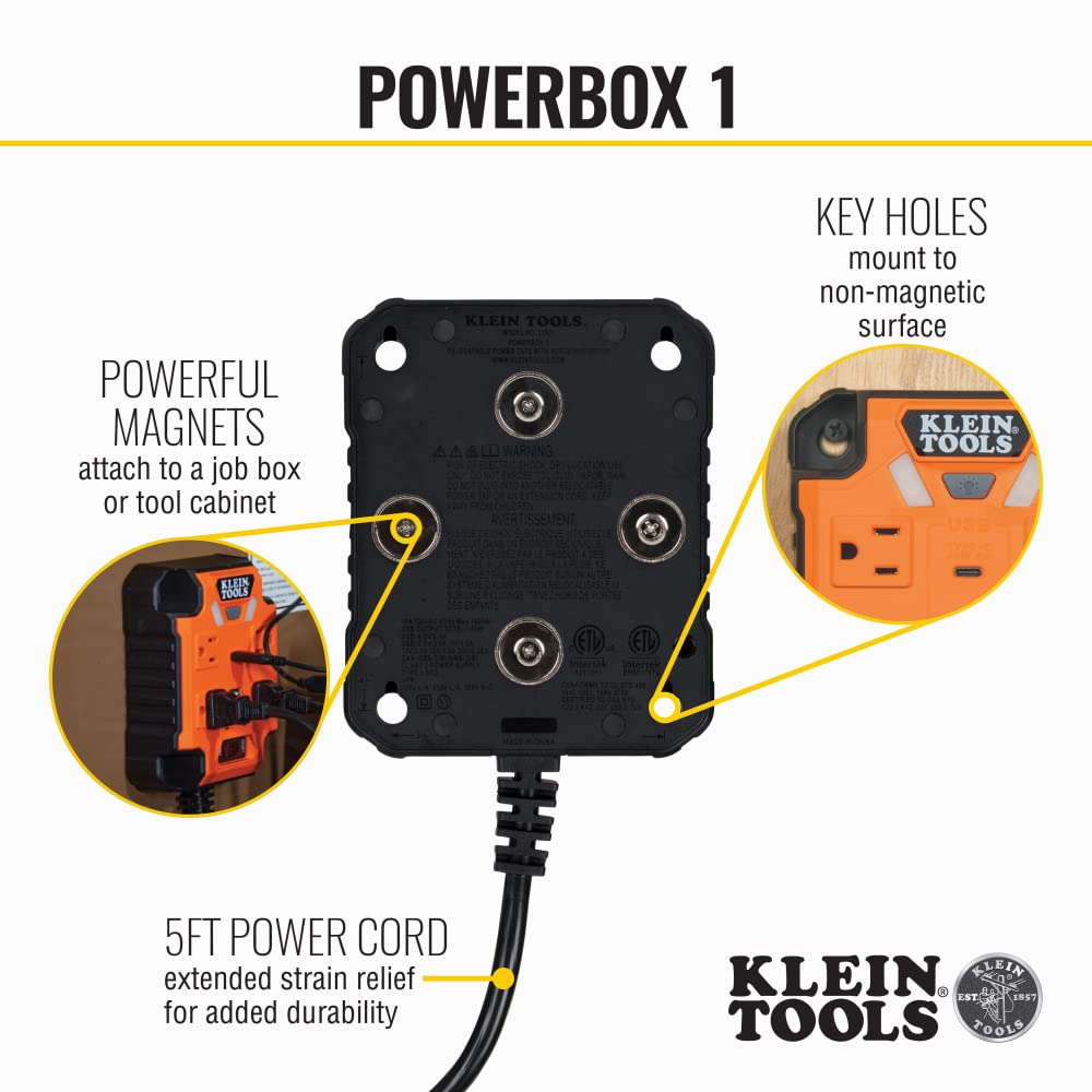 Klein Tools 29601 Magnetic Power Strip with Surge Protector, Extension Cord, 4 Outlets, 3 USB Ports, 5-Foot Cord, Power Supply Box with Light, PowerBox 1, Heavy Duty