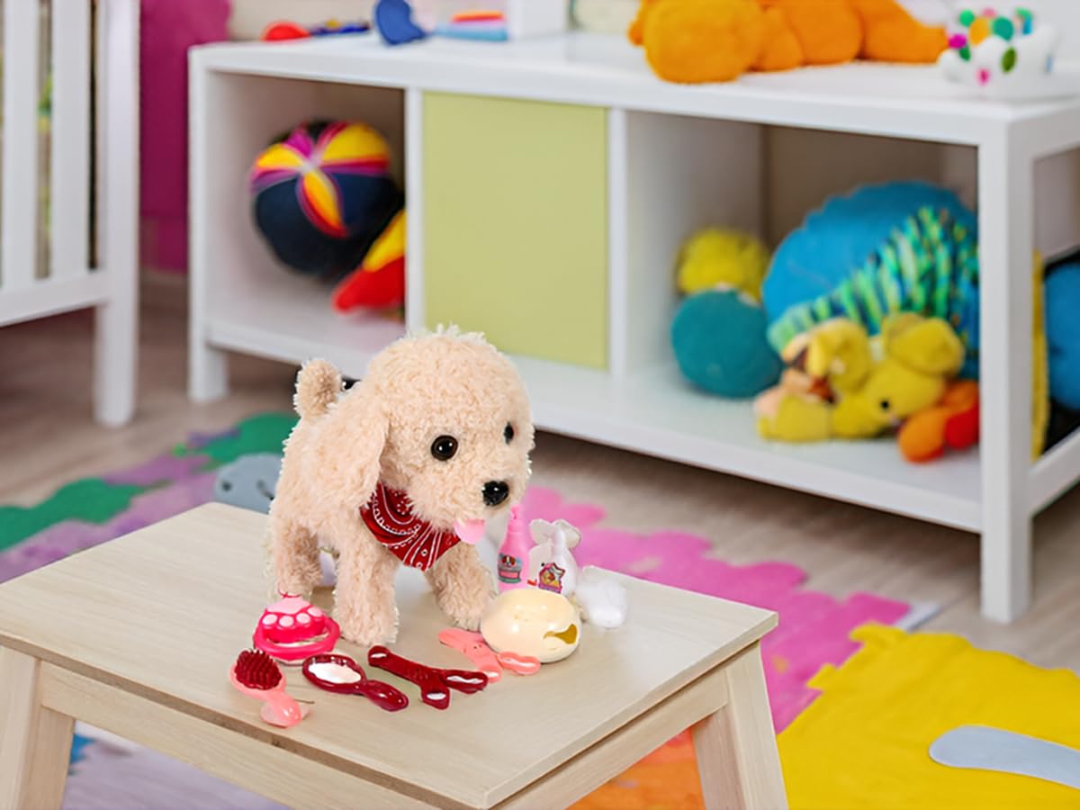 GOBRILLFUN Toy Dog That Walk and Bark, Pet Care Playset - Remote Control Leash Interactive Electronic Plush Puppy, Tail-Wagging Stuffed Dog, Birthday Gift for Kids Girls Boys Aged 3-6 Year