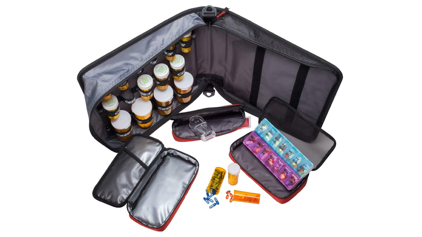 Med Manager Medicine Supply Organizer with Insulin Cooler Travel Case, Holds (15) Pill Bottles - (11) Standard Size and (4) Large Bottles, Black, 13 inches x 13 inches x 4.5 inches