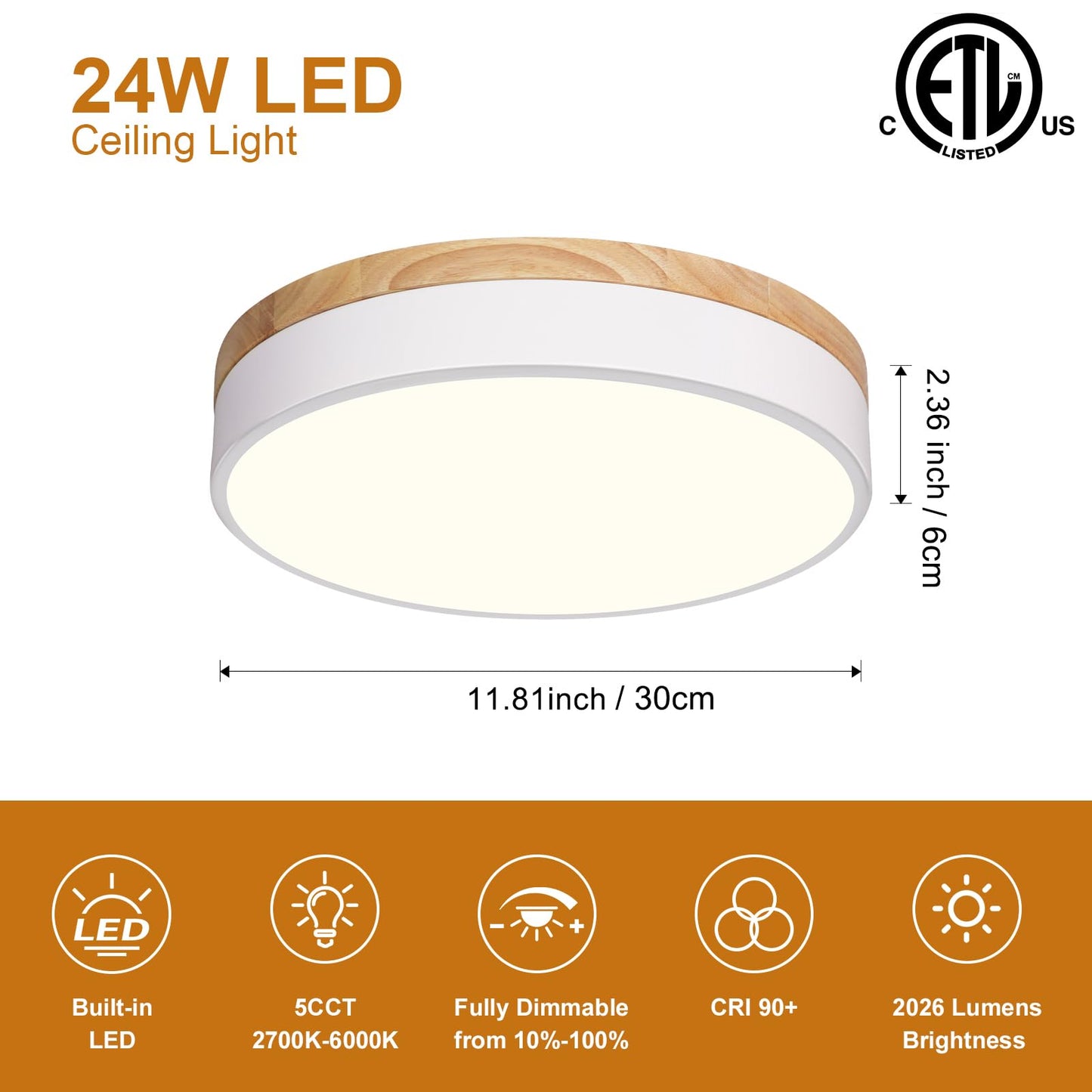 Dimmable Modern Wood Ceiling Light, White LED 5CCT 2700K-6000K Flush Mount Ceiling Lighting Fixture, Round Light Fixtures for Kitchen Entryway Hallway Bedroom Laundry Room-11.8in