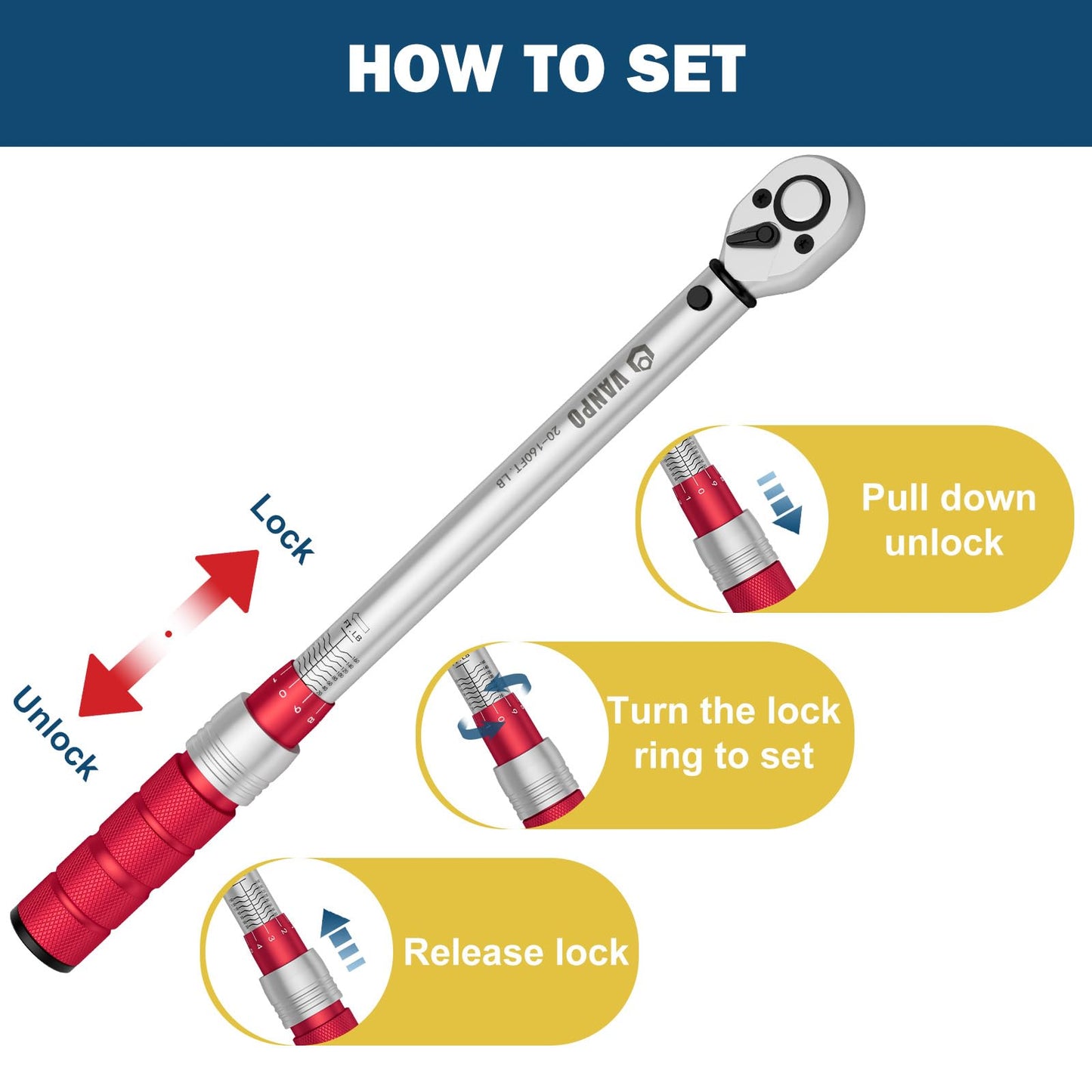 VANPO 1/4 3/8 1/2-inch Drive Click Torque Wrench, 3Pcs Torque Wrench Set 20-240 in.lb, 5-45 ft.lb, 20-160 ft.lb, Dual-Direction Adjustable 72-Tooth Torque Wrench for Bike, Moto, Car Maintenance