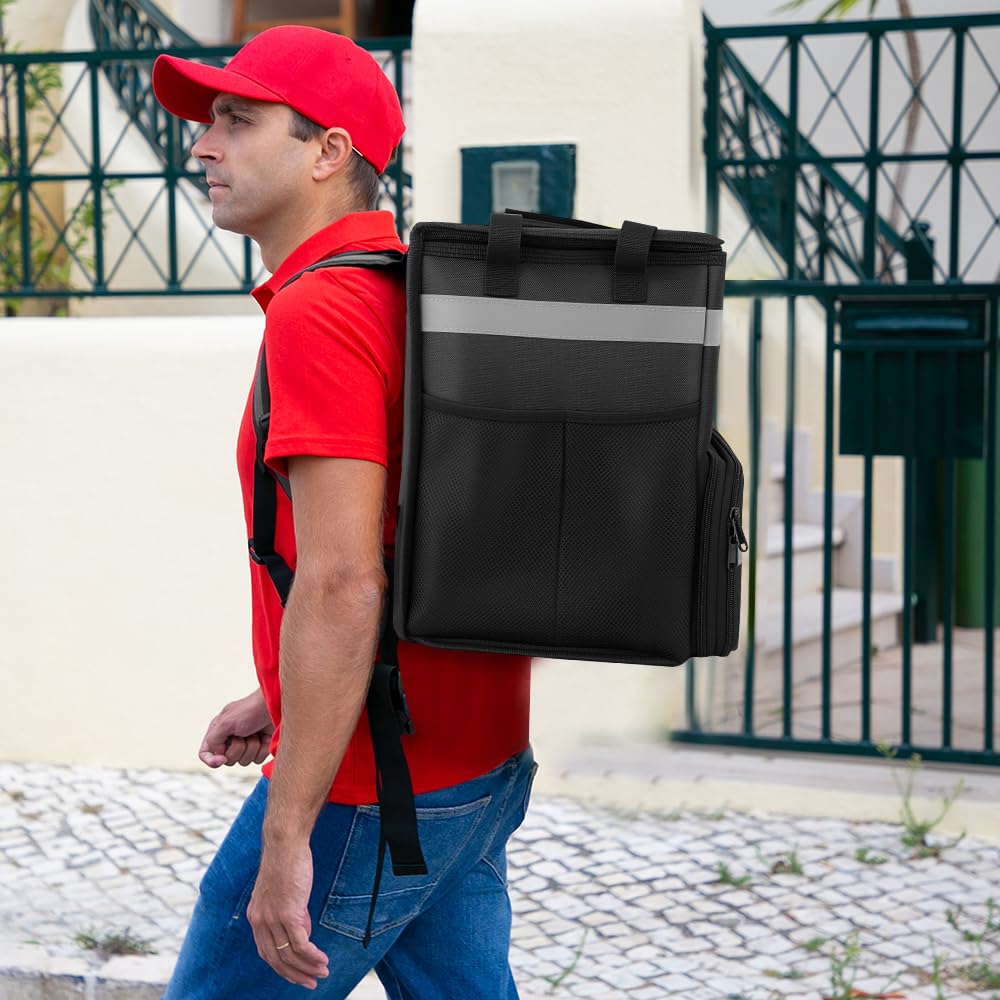 Food Delivery Bag,Large Insulated Backpack for Doordash/Uber Eeats, Expandable Cooler Bags for Bike/Motorcycle with Reflective Strip and Cup Holders,Reusable Pizza Food Delivery Bag with Hand Straps