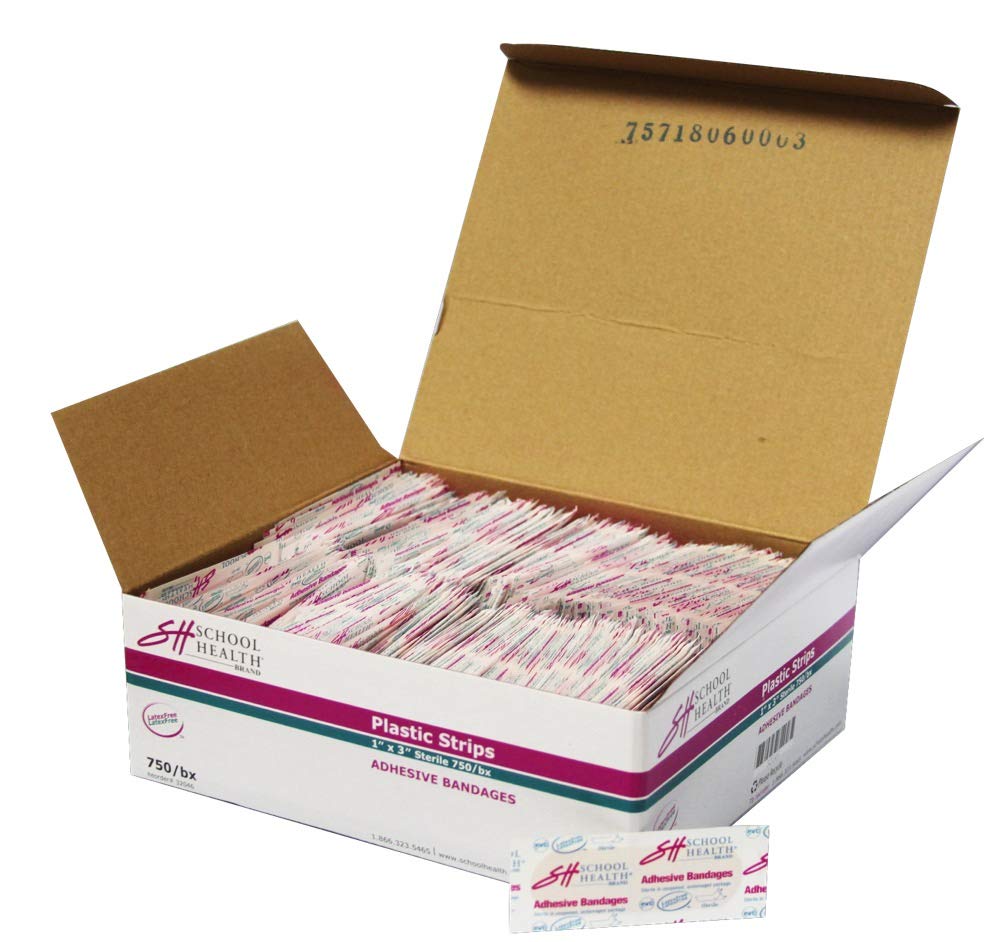 School Health - Adhesive Bandages, Comfortable Form-Fitting Protection & Wound Care for Minor Cuts and Scrapes, Premium Adhesive Stays Secure with Movement or Perspiration, Plastic, 1" x 3" 750/Box