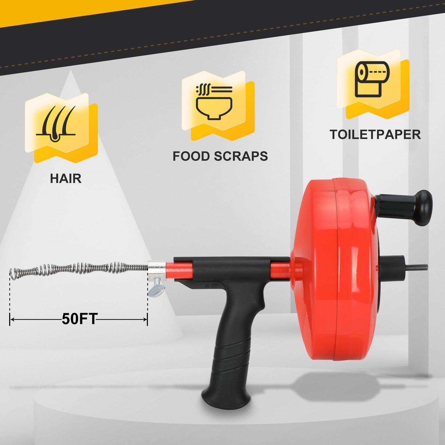 50 Ft Drain Auger,Use Manually or Drill Powered 50 Foot Drain Snake,Heavy Duty Flexible Plumbing Snake,With Gloves and Storage Bag,for Kitchen Sink, Shower Drain