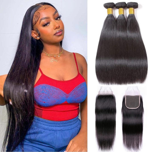 10A Brazilian Straight Human Hair 3 Bundles with Closure 10 12 14+10 Inch 100% Unprocessed Straight Virgin Hair Weave Bundles Human Hair with 4x4 HD Lace Closure