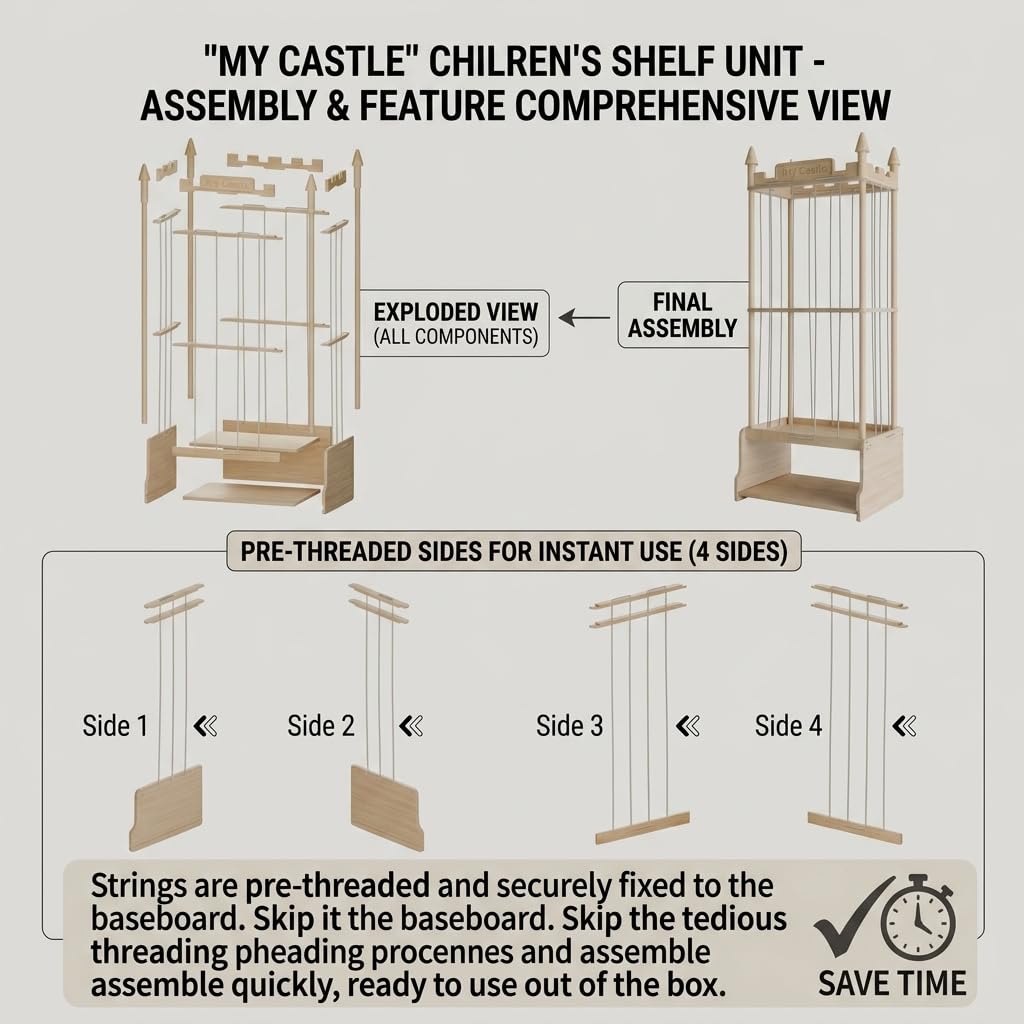 Topbooc Knot-Free Wooden Stuffed Animal Storage Tower with Pre-Installed Cords, Montessori Stuffed Animal Zoo Furniture with Castle Top & Toy Chest, 57" Hand-Sanded Natural Wood (Montessori Castle)