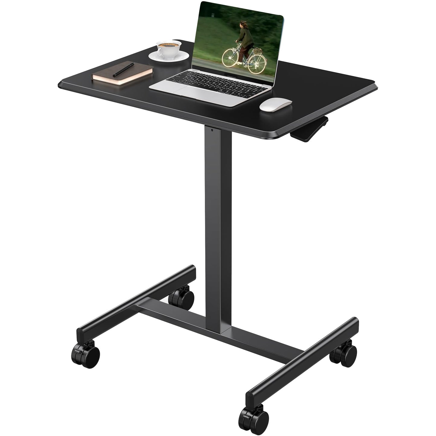 DUMOS Mobile Small Standing Desk, Portable Rolling Laptop Desk with 2 Lockable Wheels, Adjustable Height Computer Workstation for Home Office, 19 Inch Black