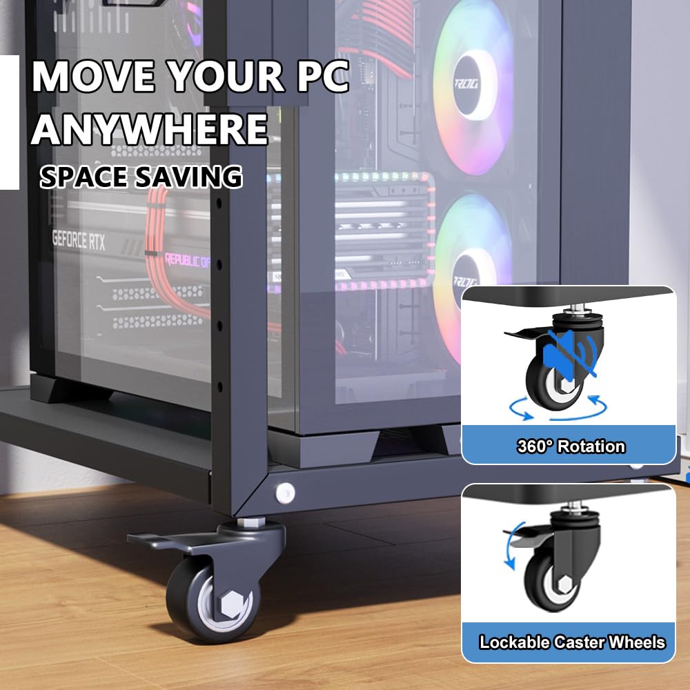 ZUAVIALA Computer Tower Stand with Power Outlet, 6 Level Height Ajustable PC Tower Stand for Floor, Mobile Rolling CPU Holder Cart for Gaming, Office, Home, 21.34"-28.3", Black