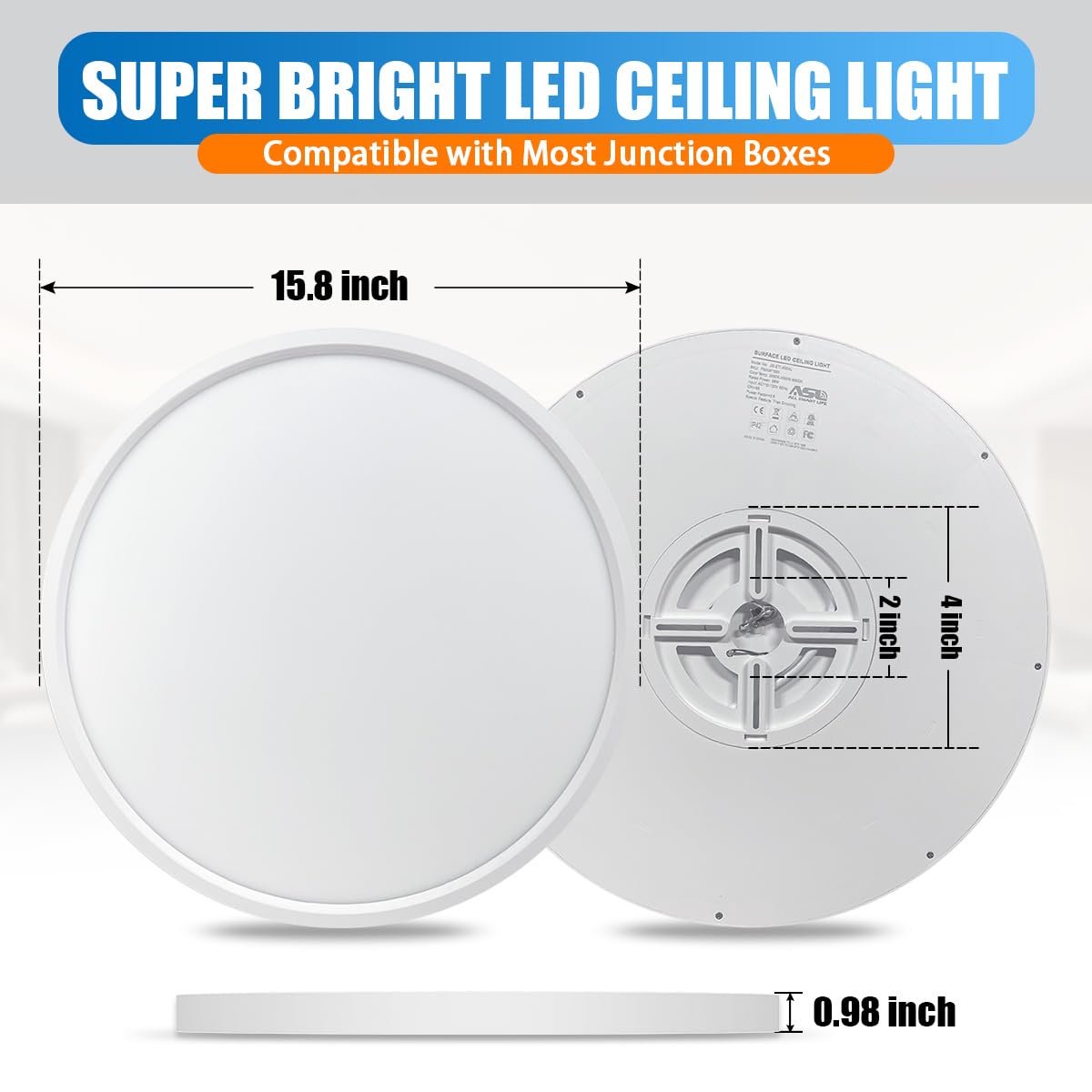 Allsmartlife LED Flush Mount Ceiling Light 4 Pack, 15.8 inch Thin Round Flat Panel Light 32W 4320lm, 3000K/4000K/6500K Dimmable, White Light Fixtures Ceiling Mount for Kitchen, Bedroom