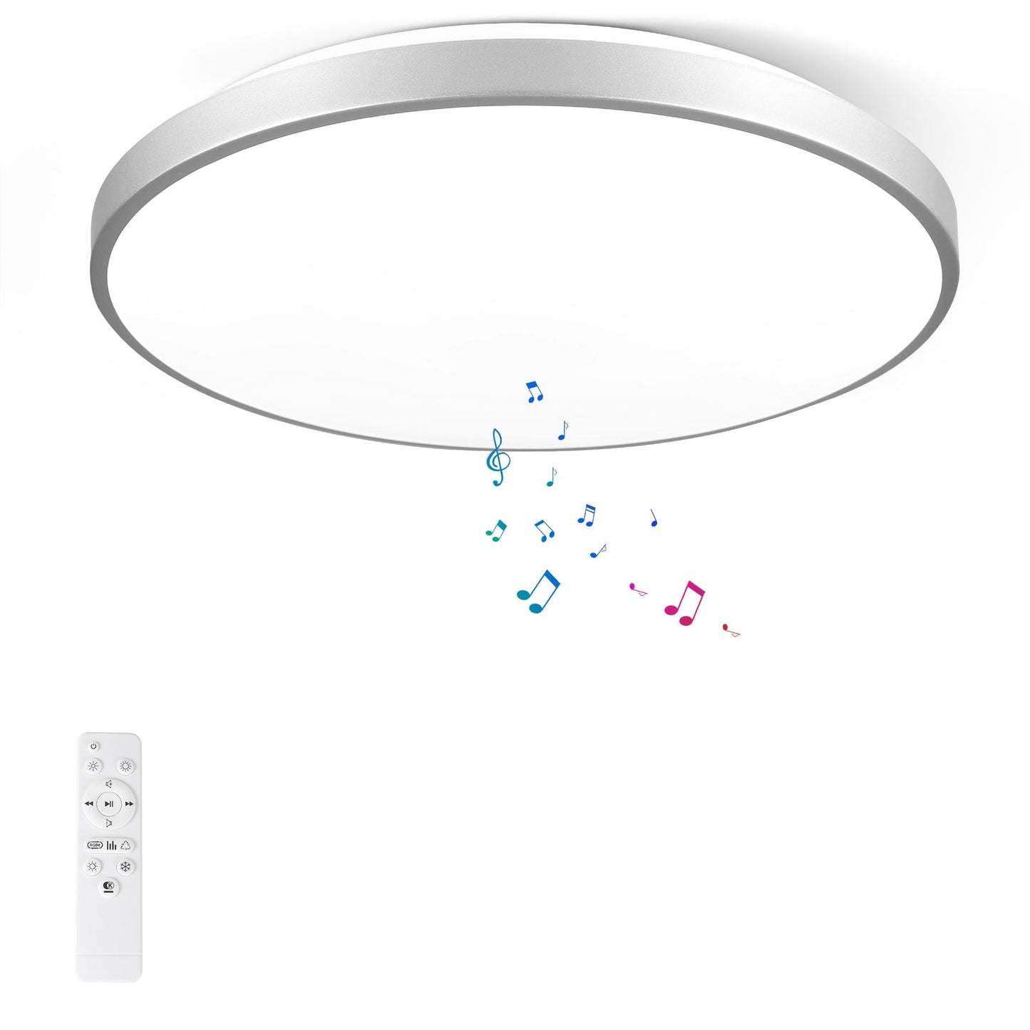 HOREVO LED Bluetooth Ceiling Light with Speaker Remote Control‌ Dimmable RGB Color Changing, Modern Flush Mount for Living Room, Bedroom, Kitchen, Laundry，Silver 16inch