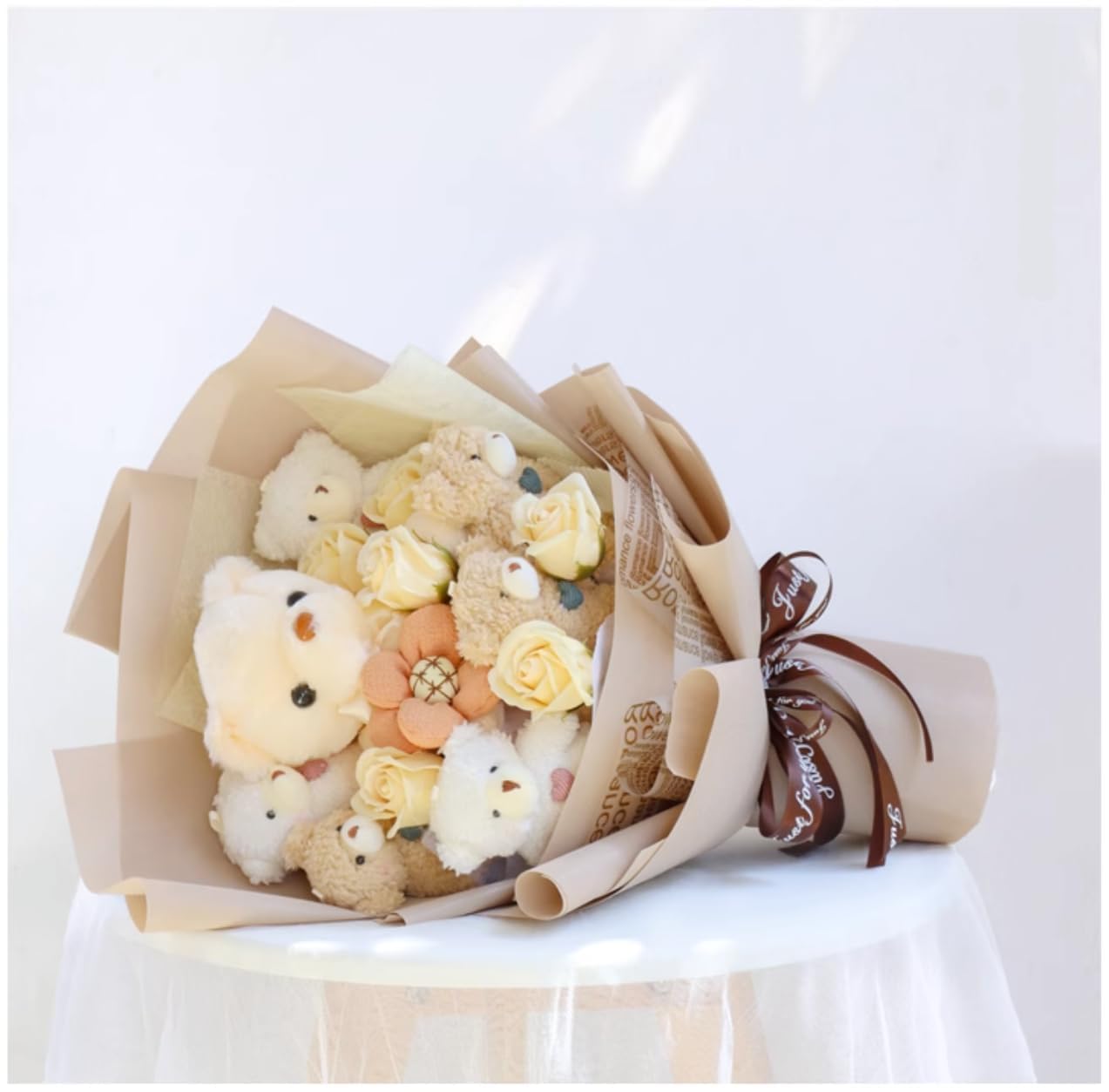 BBLION Cute Bear Bouquet - Plush Stuffed Doll Bouquet with Cute Soap Flower - Handmade Cartoon Bouquet for Any Occasions, Birthday, Bridal Shower, Graduation etc. (6 Little Bears)