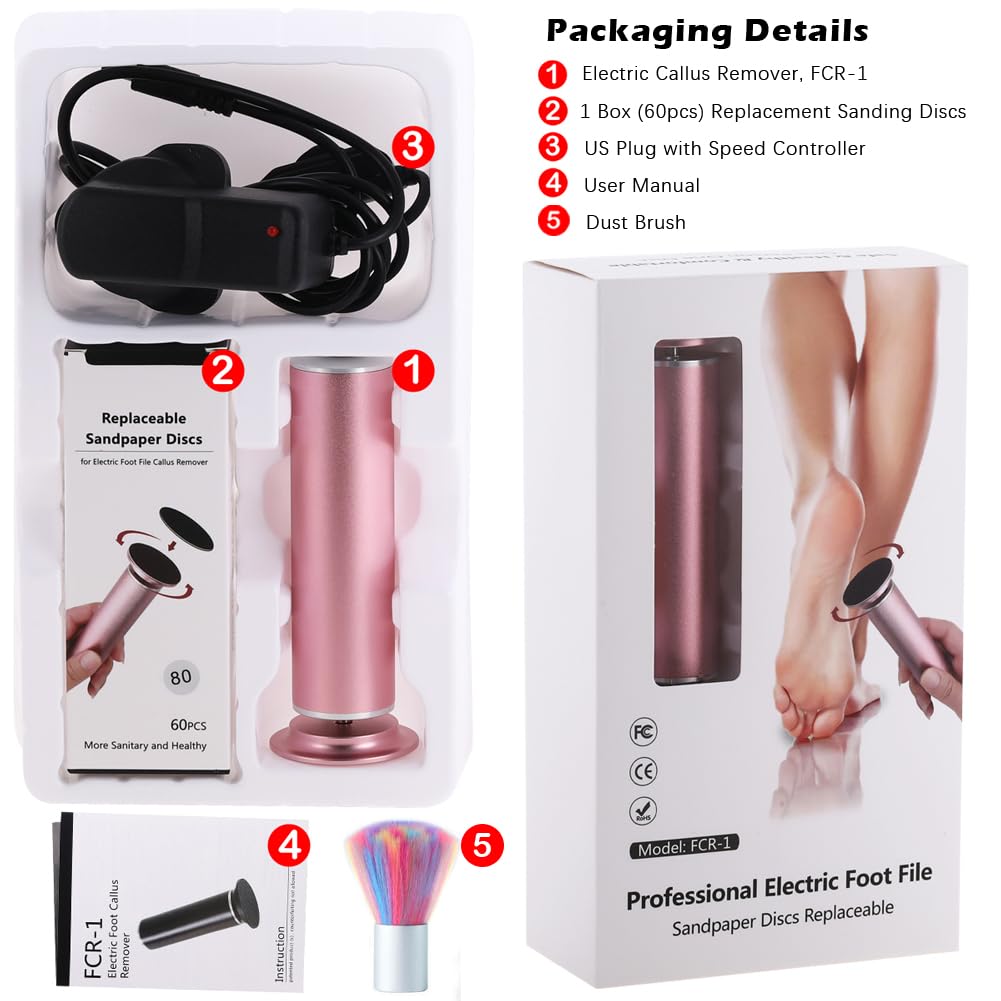 Electric Callus Remover for Feet, Powerful Electric Foot Callus Remover Adjustable Speed Electric Foot File with 60PCS Sanding Discs Pedicure Tools Feet Scrubber Dead Skin Foot Grinder, Pink