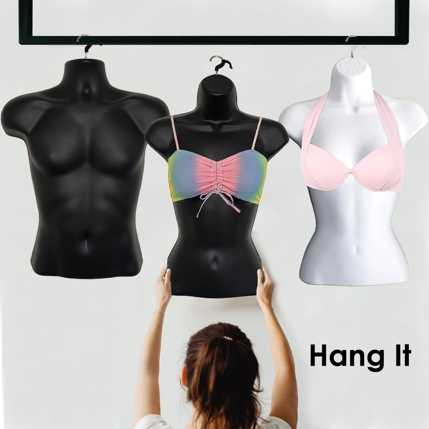 DisplayTown Male and Female Mannequin Torso with Metal Stand Hollow Back Body Stackable Dress Form for Tshirt Display, Countertop, Craft Shows, S-M Size (Black, Set of 1)