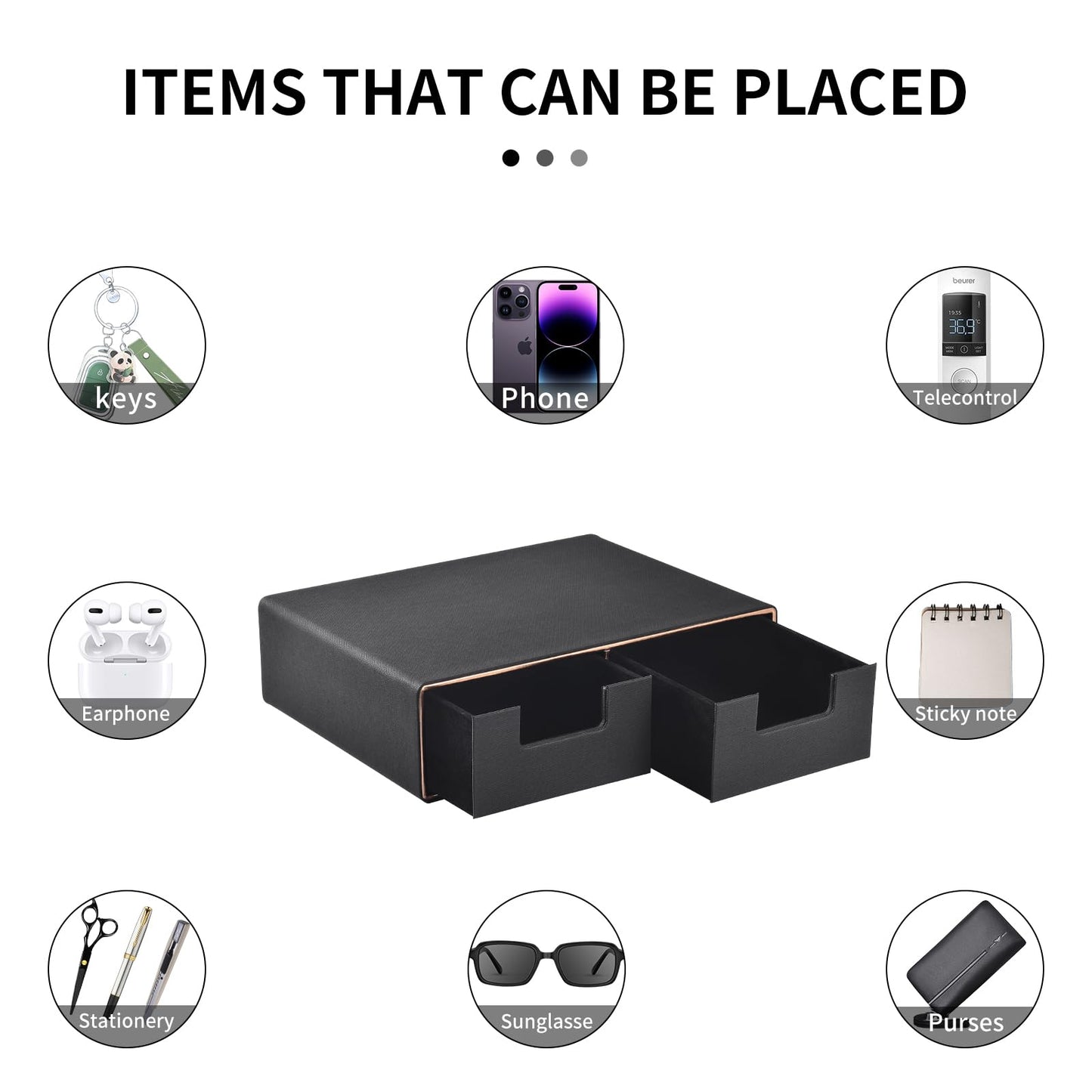 Linen Leather Desk Organizer and monitor stand with Drawers－Mini Desktop Drawer Organizer Stackable－Tabletop Organization Storage Box for Office Supplies Home Vanity Toiletries (Black, 2-drawers)