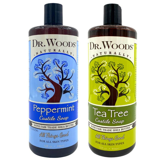 Dr. Woods Liquid Castile Soap - Pure Tea Tree Oil and Peppermint Soap, Body Wash for Men and Women, Contains Organic Shea Butter, Natural Cleaner for Face, Hands, and Body - 32 Fl Oz, Pack of 2