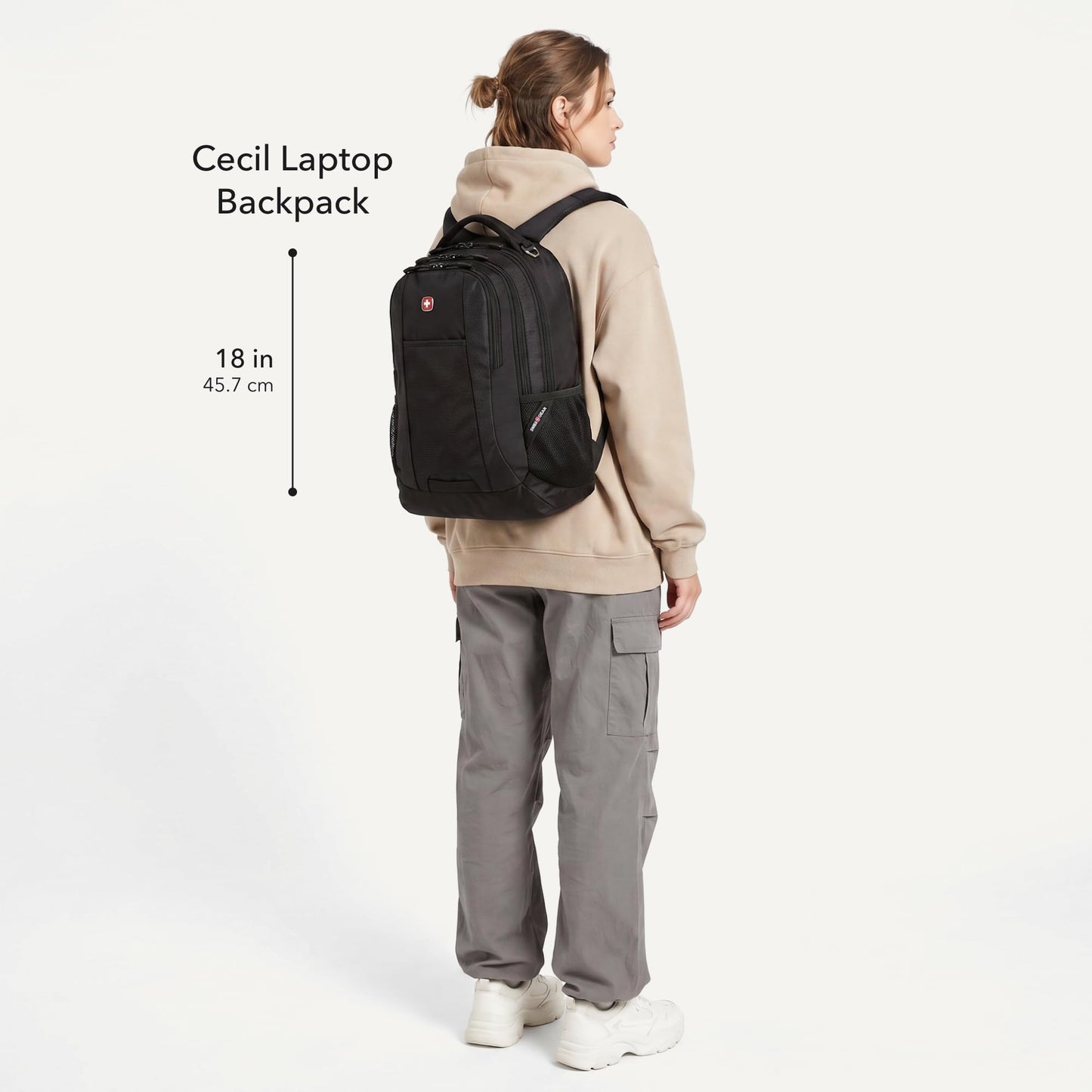 SWISSGEAR Cecil Laptop Backpack, Fits Most 16-Inch Laptops, Three-Compartment Design, Airflow Back Panel, Black, 27.3L, 18-Inch