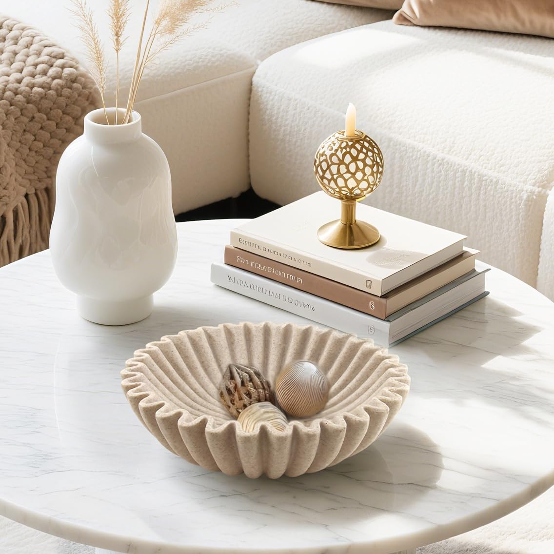 Plukers 10'' Scalloped Decorative Key Bowl for Entryway Coffee Table - Catchall Trinket Large Candy Fruit Purse Holder Kitchen Countertop Console Modern Home Decor, Artificial Stone Beige