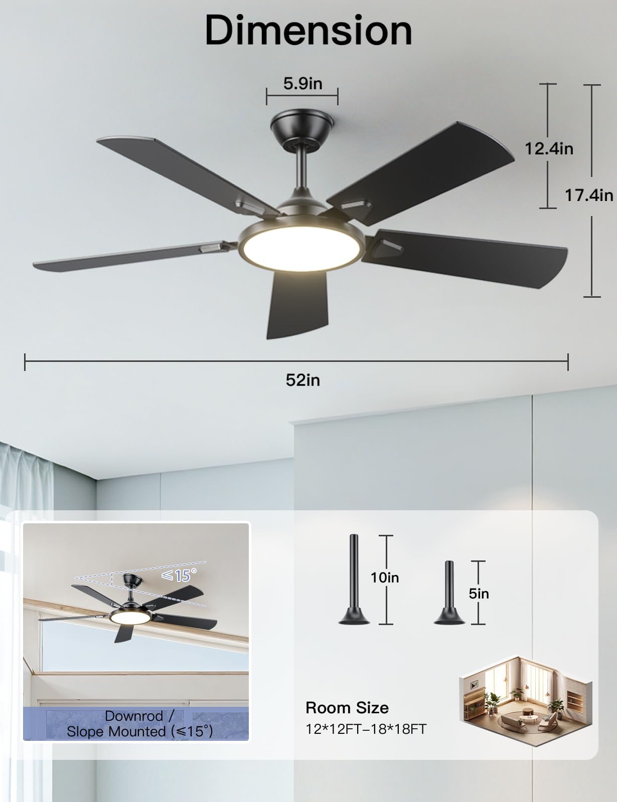 OJX Ceiling Fans with Lights, 52 inch Ceiling fan with Light and Remote/APP Control, 3CCT, Quiet DC Reversible, Dimmable, Modern Ceiling Fan for Bedroom, Living Room, Kitchen, Indoor/Outdoor Use