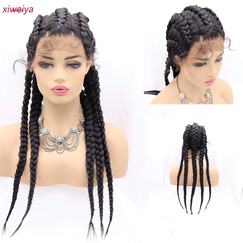 xiweiya Twist Dutch Braids Long Black Lace Front Braids Wig 5 Braids Box Braids Cornrow Braided Wig with Baby Hair Crochet Braids Hair Natural Hairline Xpression Braiding Hair For Women