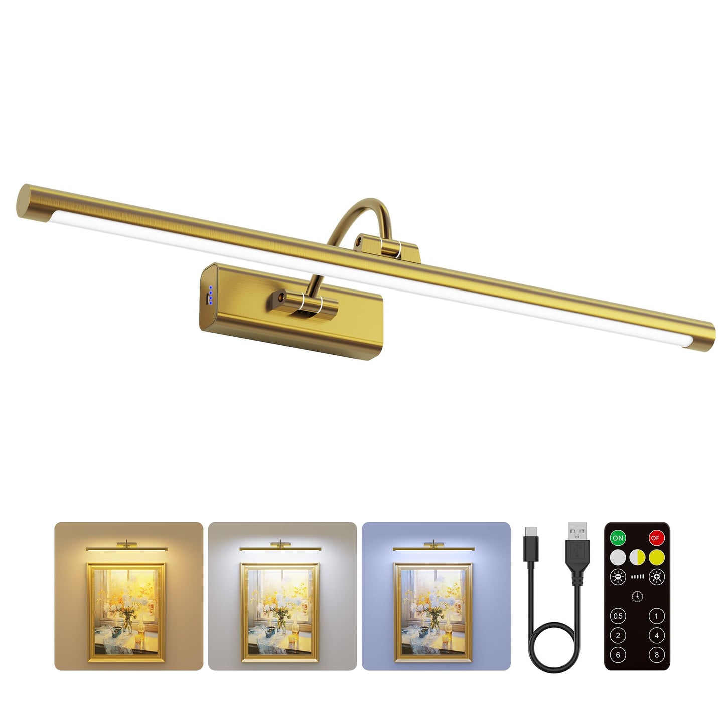 Craftersmark 24" Picture Lights for Wall with 8000mAh Battery - Brass Operated Wireless Wall Art Light with Remote Control for Large Portrait & Paintings Art