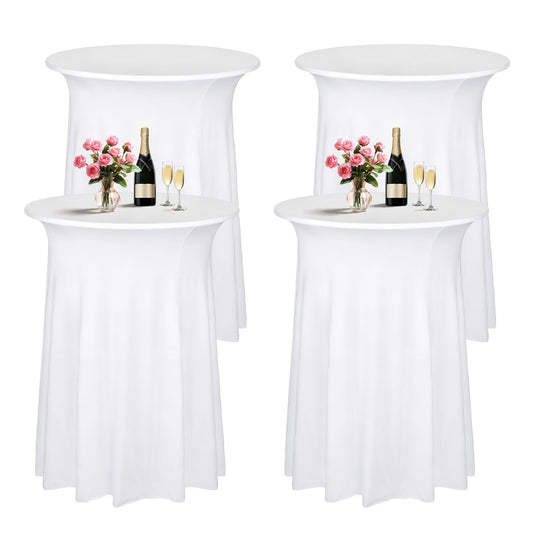 COSINIA 4 Pack White Cocktail Table Covers 32"x43", Heavy-Duty Spandex Round High Top Table Cloths with Wavy Skirt, Reusable Fitted Bar Height Table Covers for Wedding & Party