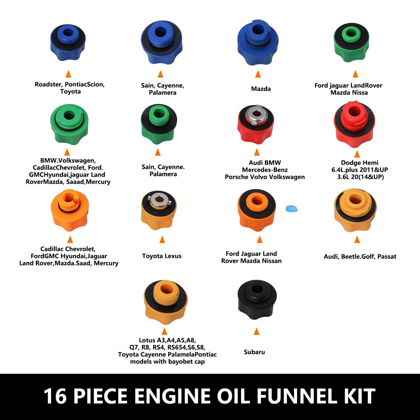 DPTOOL Oil Funnel Set for Engine Change - Automotive Dispenser Kit With Flexible Extension and 14 Cap Adapters Compatible With GM, Ford, VW, BMW, Audi, Land Rover Etc