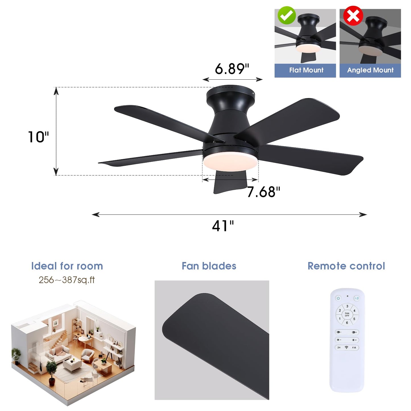 Goniyado 41" Black Low Profile Ceiling Fans with Lights and Remote, Modern Flush Mount Ceiling Fan Light with Quiet Reversible DC Motor for Bedroom Kitchen