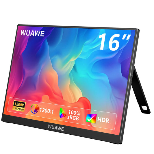 WUAWE Portable Monitor 16" 1920x1200P 16:10 IPS Travel Monitor for Laptop with Built-in Stand, 100% sRGB Control USB-C HDMI,HDR Freesync Display, Plug&Play for Phone PS5 Switch(Black)