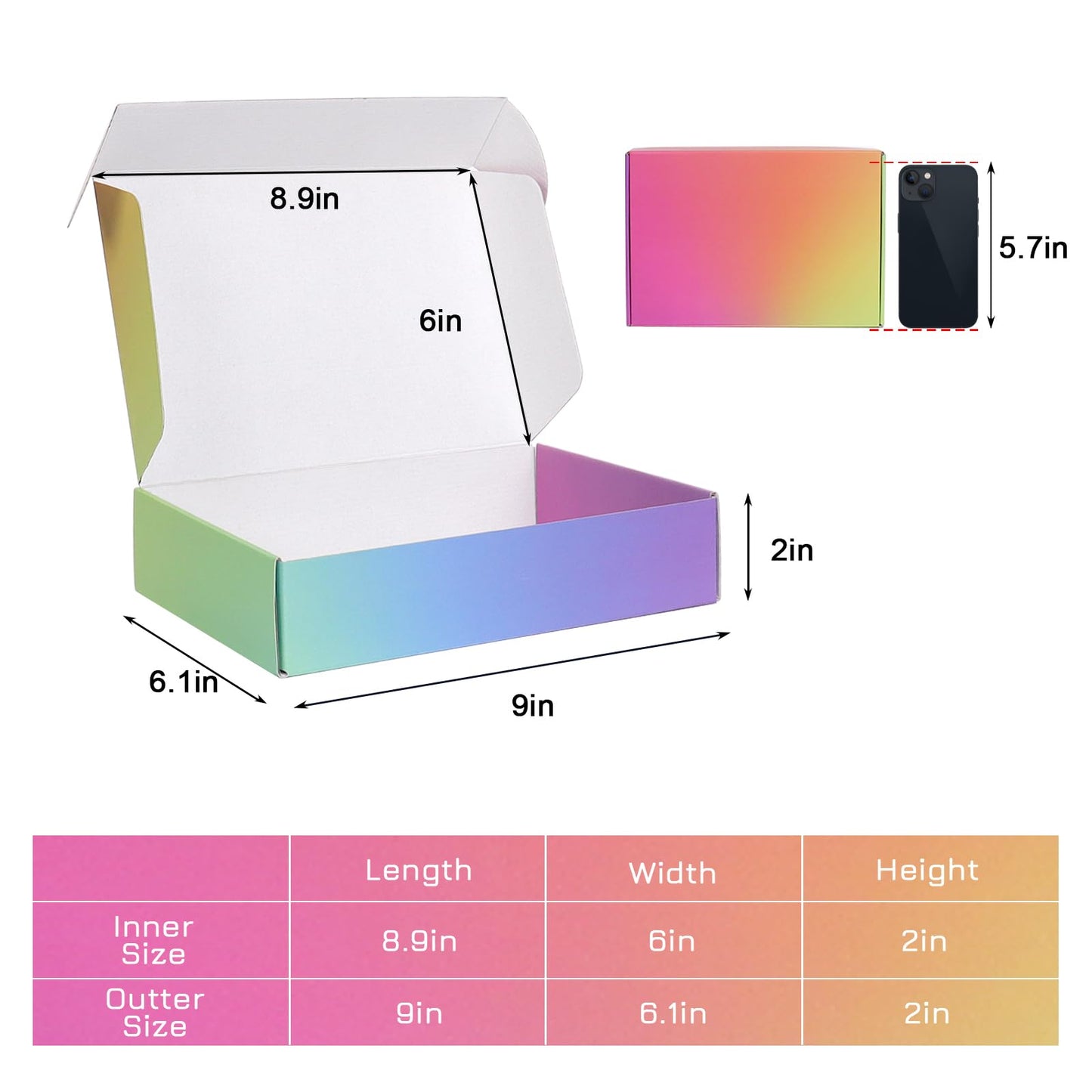 DEZIBOX 9x6x2 Shipping Boxes for Packaging, 45 Pack Rainbow Corrugated Cardboard Mailer Boxes for Small Business, Shipping, Mailing