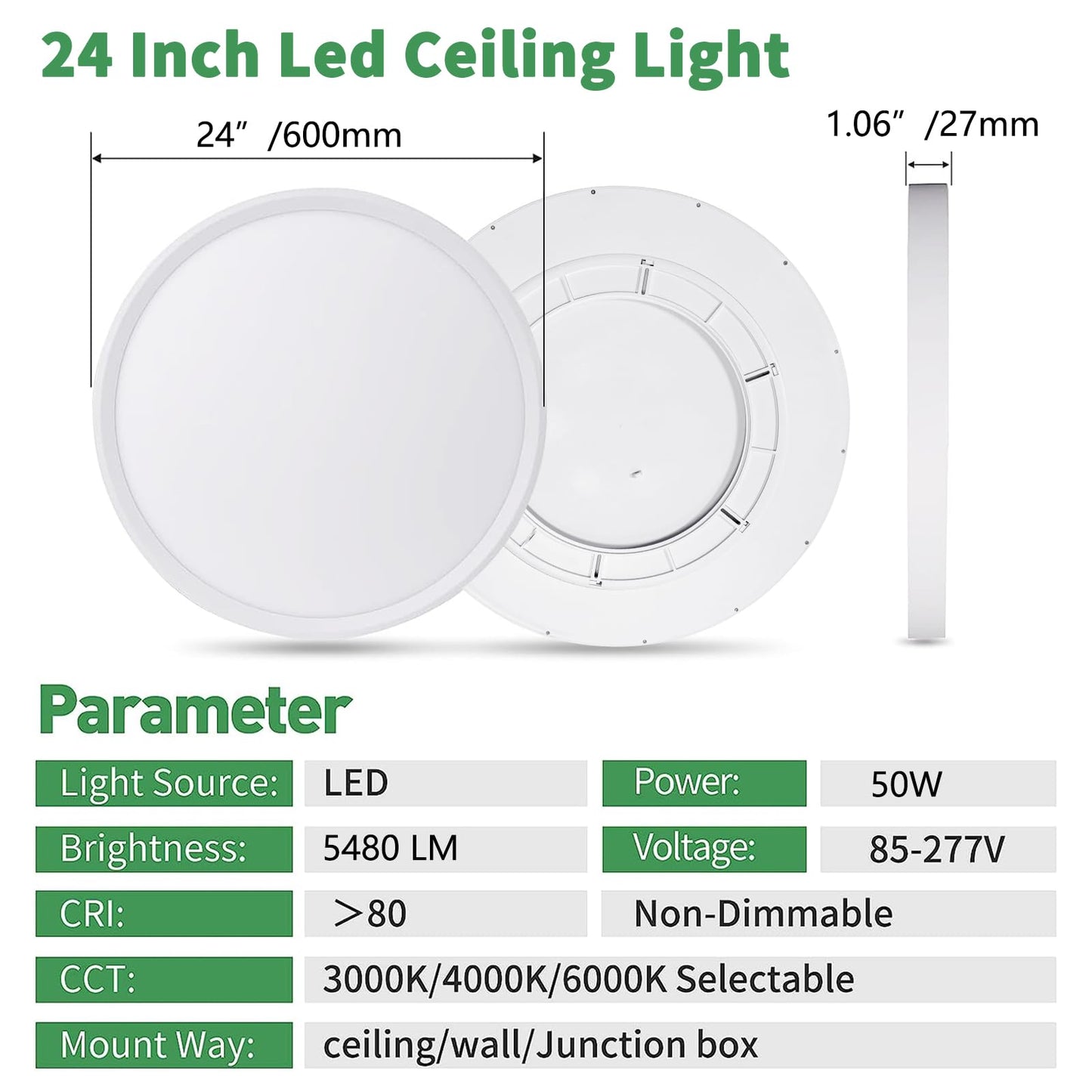 24 Inch Large LED Flush Mount Ceiling Light, 50W,5480LM, 3000K/4000K/6000K CCT Selectable,White Round Flat Panel Low Profile Ceiling Light Fixtures for Hallway, Kitchen, Bedroom, Laundry Room