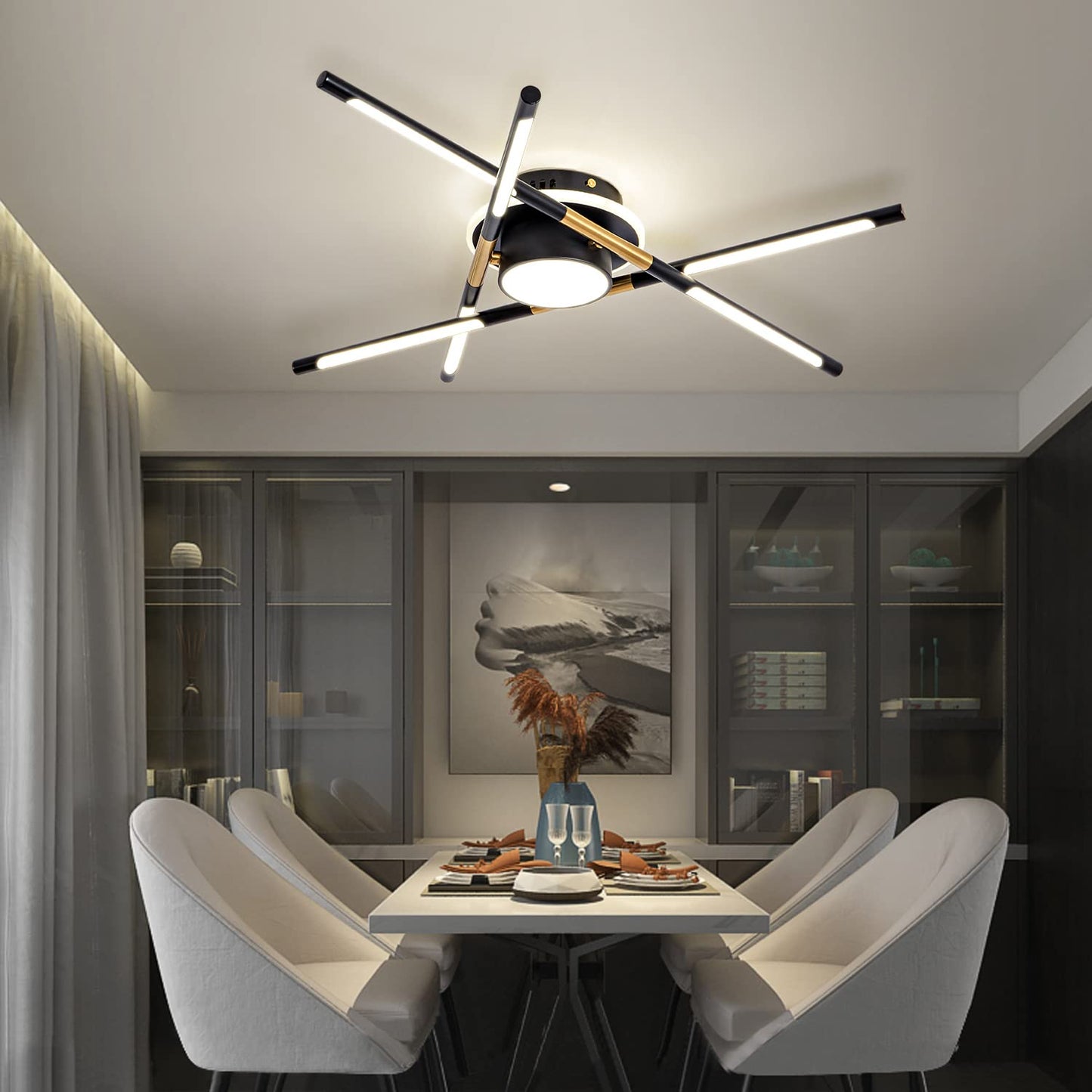 LED Ceiling Light Fixture Modern Black and Gold Industrial Sputnik Ceiling Light Decorative Lighting Dining Room Living Room Bedroom Light 23.6 inch 4000K