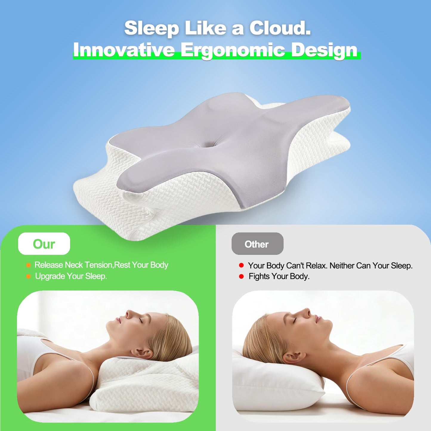 Ergo Cervical Neck Pillow for Deep Sleep – Ergonomic Neck Pain Relief Pillow, Orthopedic Contour Memory Foam Support, Odorless, Cooling Breathable Pillowcase, Promotes a Healthy Sleep Position