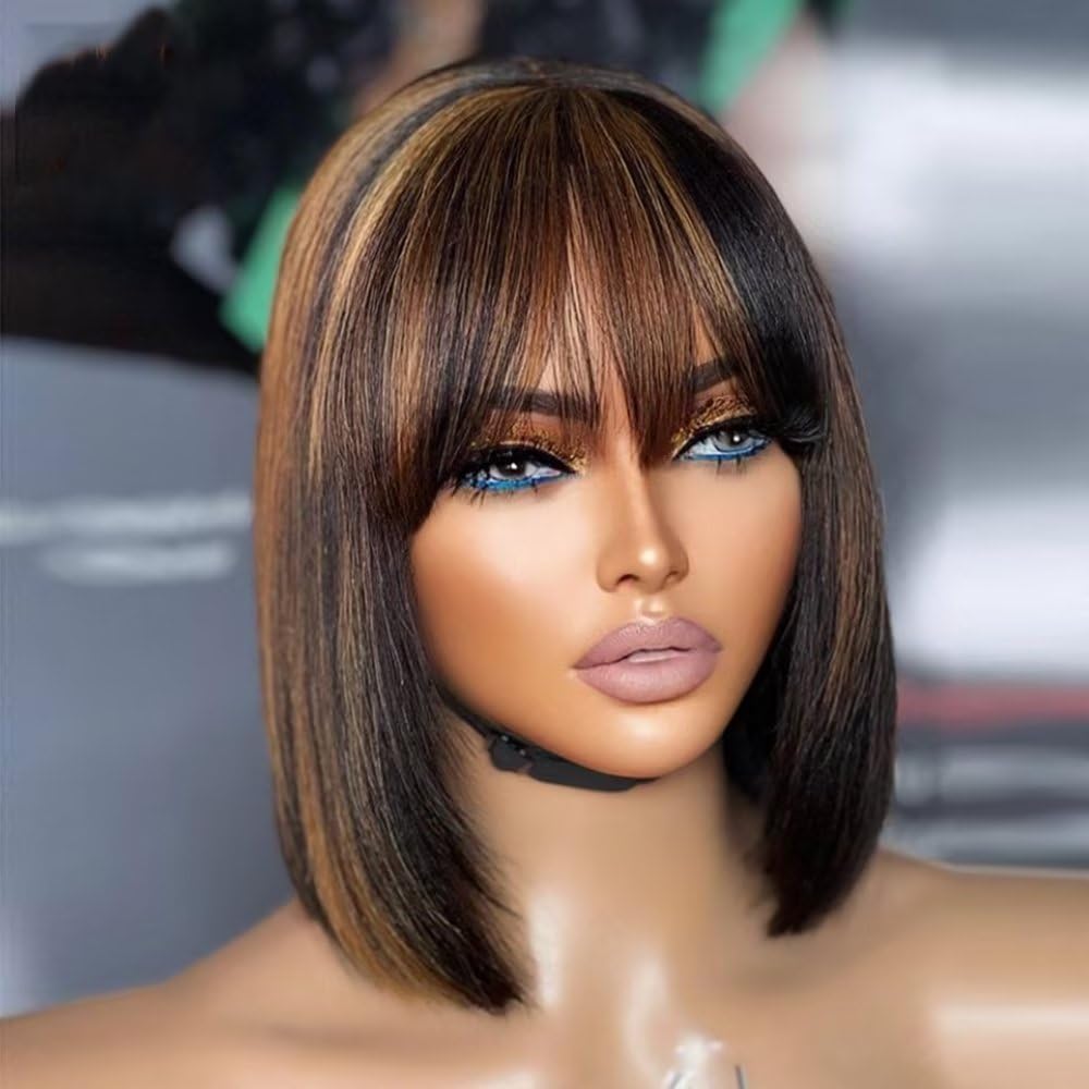 QuinluxWigs Short Bob Human Hair Highlight Wigs with Bangs Ombre 1B/30 Color 13X4 HD Transparent Lace Front Wigs Brazilian Human Hair 10 inch Glueless Wigs for Black Woman 150% Density Bangs Wig