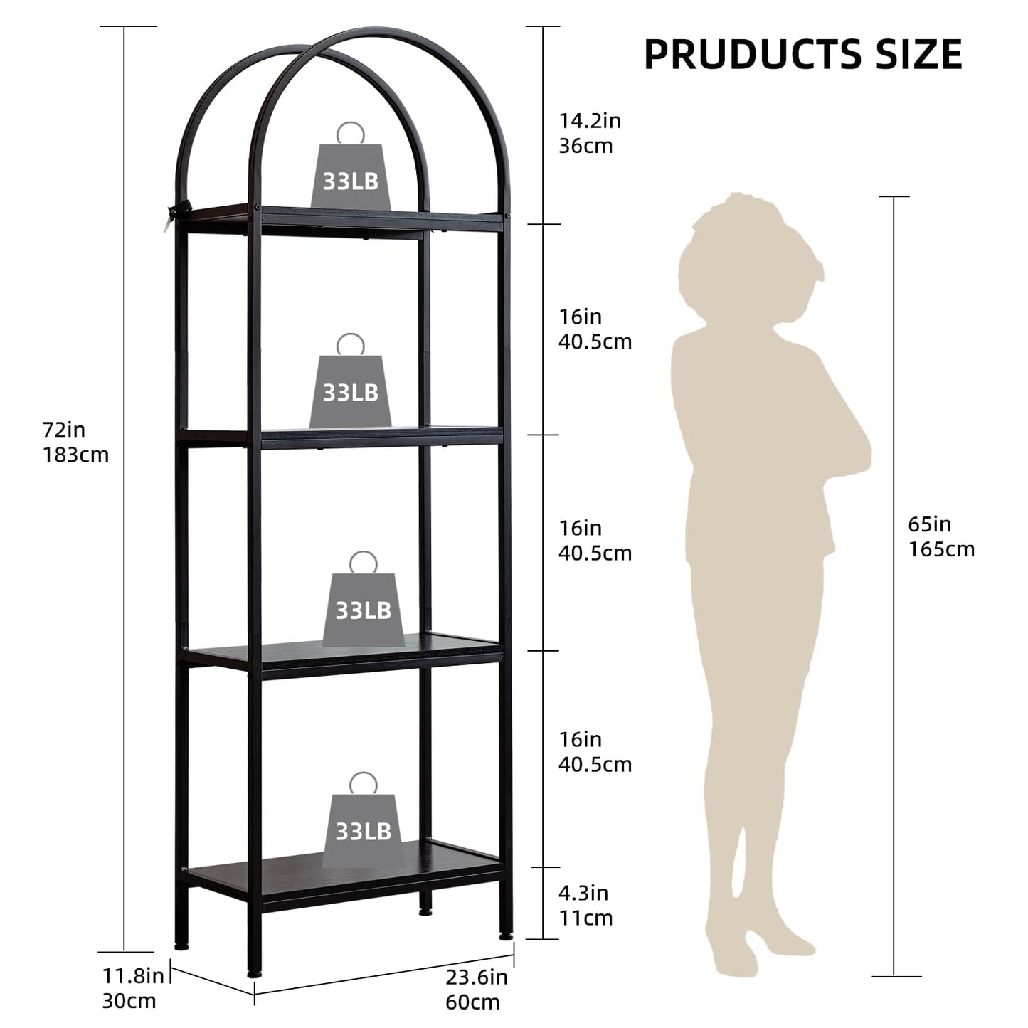 IDEALHOUSE Bookshelf 4 Tier,Arched Display Racks,Tall Shelf for CDs/Books, Modern Storage Rack Shelf Large Wood Book Shelf for Bedroom, Living Room, Home Office