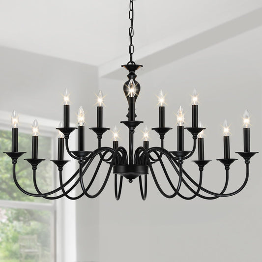 15 Light Black Farmhouse Chandelier | Large Chandeliers for Dining Room Light Fixtures Over Table | Vintage Candle Hanging Lighting for Living Room | Foyer | Staircase | Restaurant | Villa