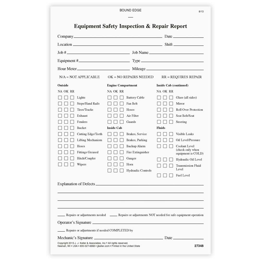 Equipment Safety Inspection Report 10-pk. - Book Format with 31 Sets, 2-Ply, Carbonless, 5.5" x 8.5", J. J. Keller & Associates, Inc.
