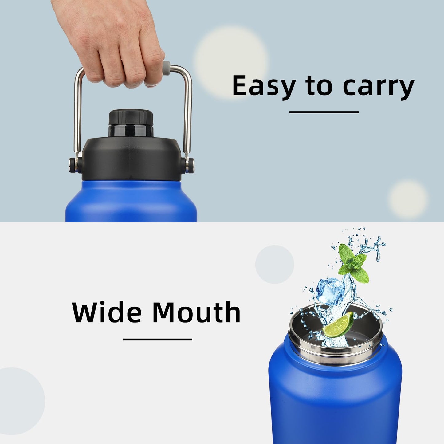 Konokyo Half Gallon Jug with Handle,64 oz Insulated Water Bottle with Carrying Pouch,Double Wall Vacuum Stainless Steel Metal Bottle,Blue