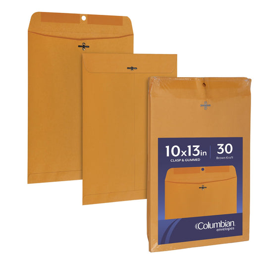 Columbian 10 x 13 Clasp Envelopes, Gummed, 28 lb Brown Kraft, for Mailing Flat Letter Size Documents or Photos, Bulk Pack, 30 Per Pack (COLO405)