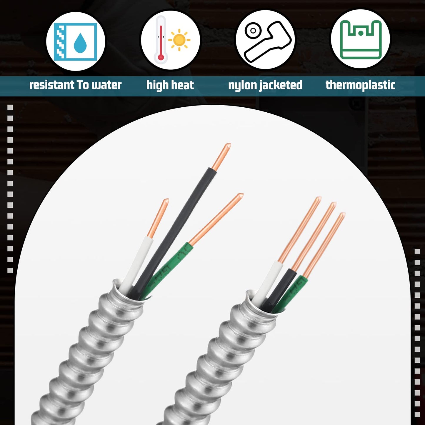 Kingdder Metal Clad Cable, Wire with Ground, Cable with Aluminum Armor, Stranded Solid Copper Conductors, Ground Wire Solid for Indoor Outdoor Underground Embedded Installation(14/2, 50 ft)
