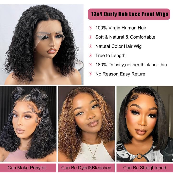 LDJOY Short Curly Lace Front Wigs Human Hair Pre Plucked 180% Density Human Hair Wigs for Black Women Water Wave Glueless 13x4 HD Transparent Lace Frontal Wigs with Baby Hair Natural Black 14 Inch