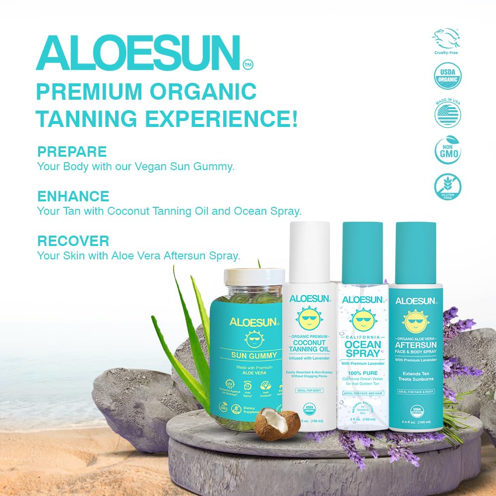 ALOESUN Organic Coconut Tanning Oil Spray Infused with Organic Lavender Oil | Natural Deep Tanning Accelerator | Moisturizing & Hydrating Tan | Non-Greasy | Vegan & Cruelty-Free | Travel Size 3.4 Oz