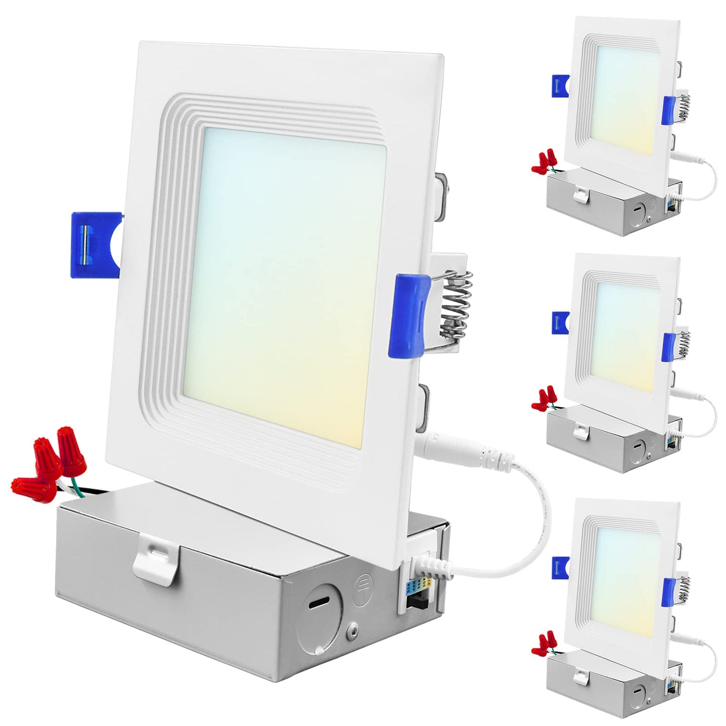 LUXRITE 4 Inch Ultra Thin Square LED Recessed Lighting, 12W, 5CCT Color Selectable 2700K-5000K, 950 Lumens High Output, Dimmable LED Wafer Lights, Wet Rated, Energy Star, ETL, Baffle Trim (4 Pack)