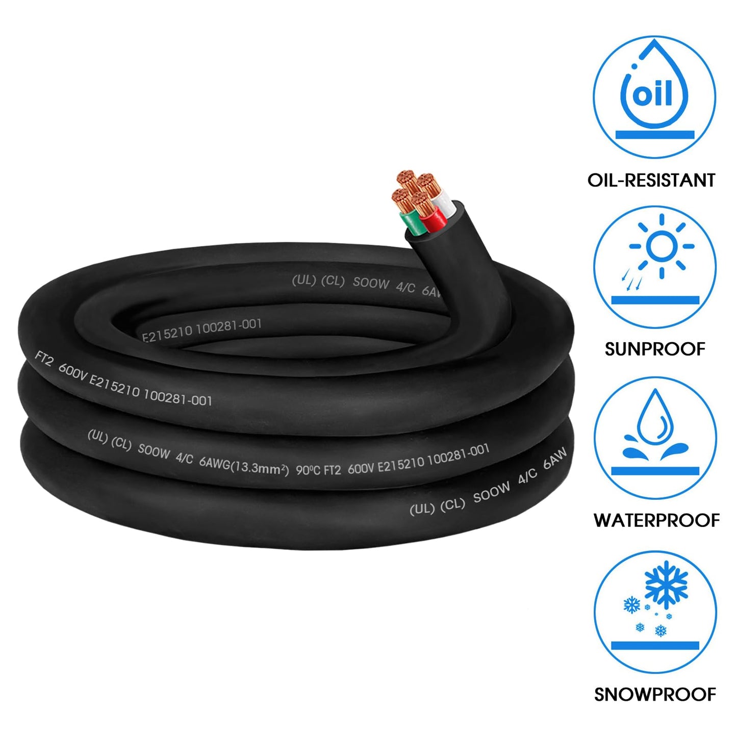 6ft 6/4 AWG SOOW Wire,6 Gauge SOOW Portable Power Cable 4 Conductor 600V 6/4 6 Gauge Electric Wire Extension Cord for Motor Lead,Generator,Welder,NEMA 14-50 RV Outlet Box,EV Car Battery Charger