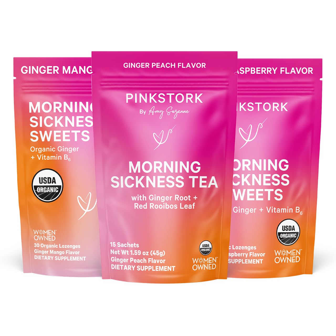 Pink Stork Morning Sickness Bundle with Organic Ginger Peach Tea and Sweets, Supports Morning Sickness for Pregnant Women, Digestion, and Motion Sickness, 1st Trimester Pregnancy Must Haves, Set of 3