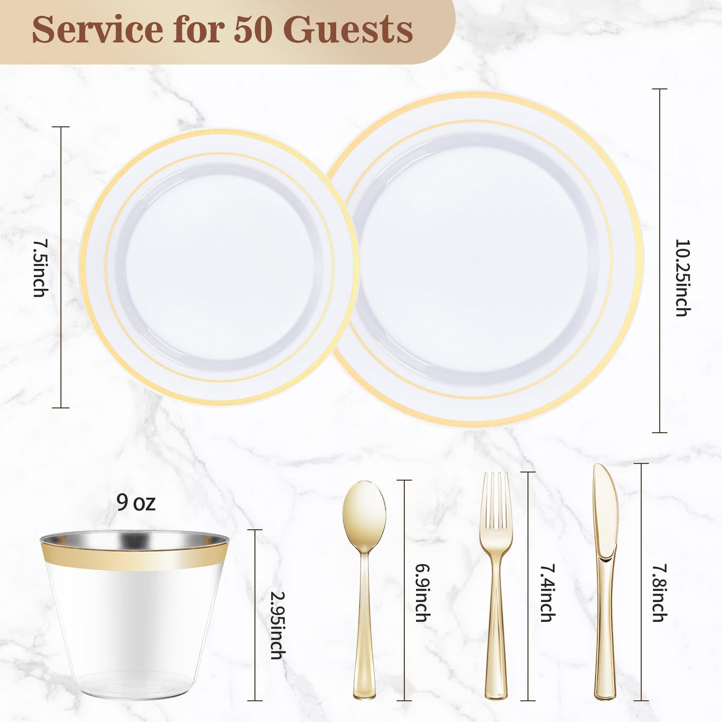 BESTVIP 300PCS Plastic Dinnerware Set (50 Guests), Gold Disposable Plates for Party, Wedding, Christmas, Anniversary, Includes: Dinner Plates, Dessert Plates, Cups, Spoons, Forks and Knives