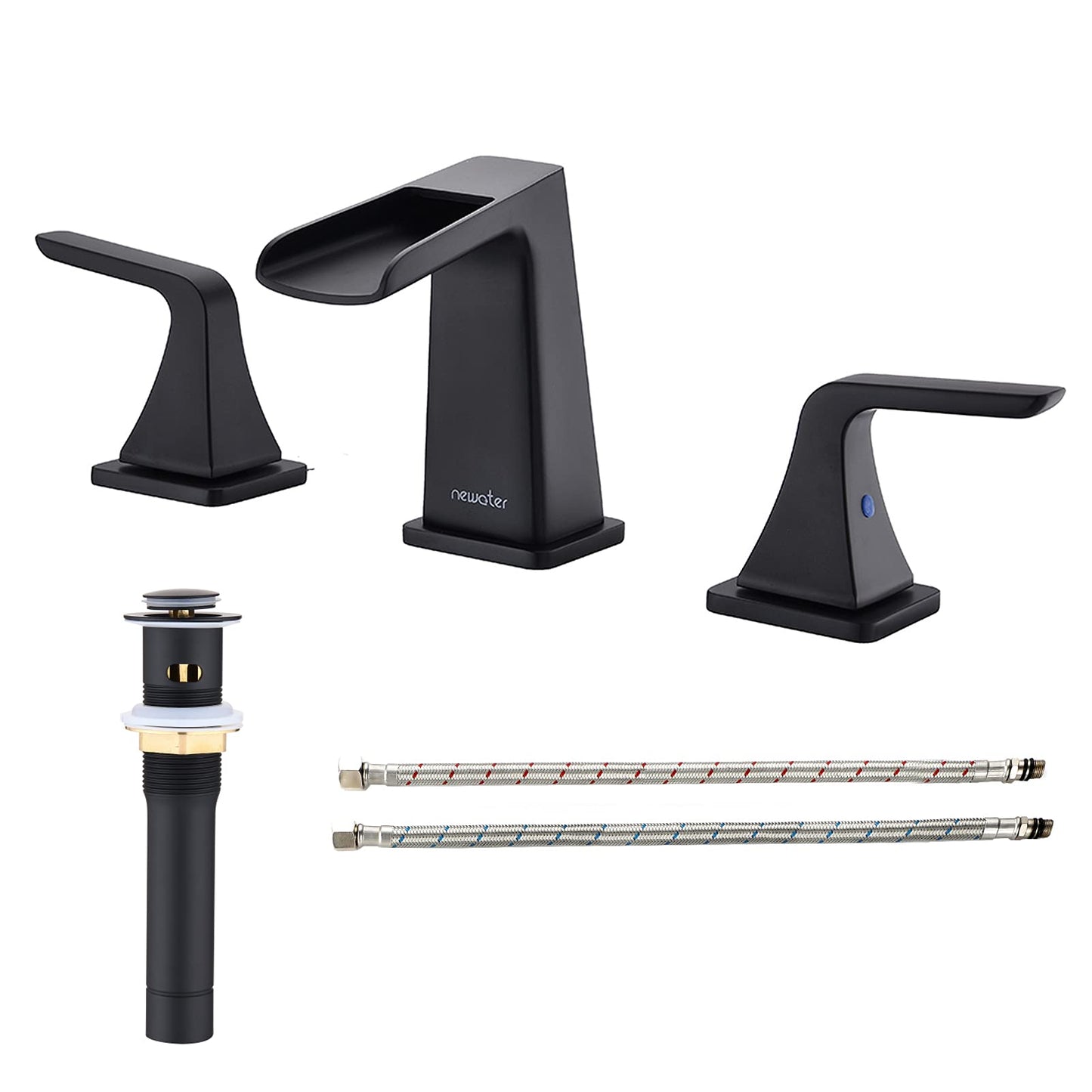 NEWATER Matte Black Solid Brass Bathroom Faucet 8" Widespread, Waterfall 3-Hole Vanity Sink Faucet with Metal Pop-Up Drain & Supply Lines, Two Handle Bathroom Faucet for Sinks