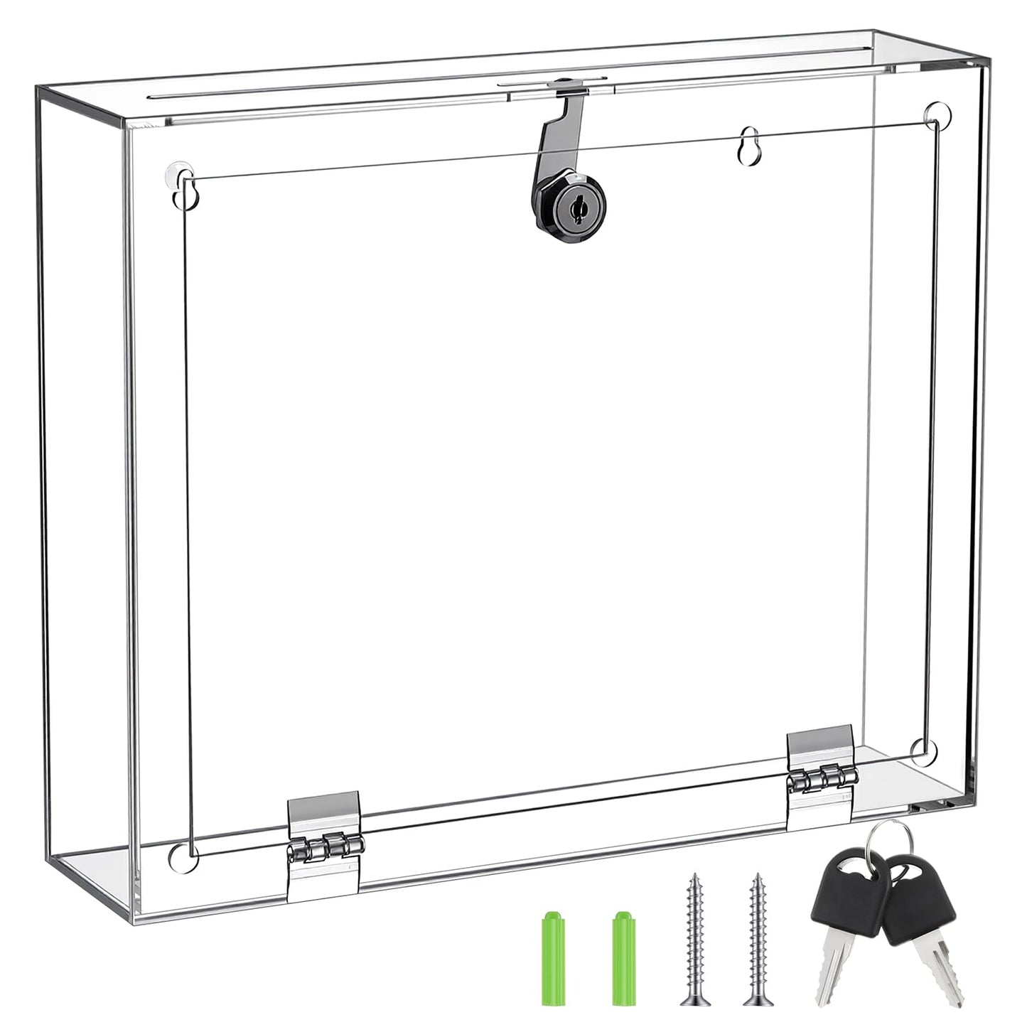 Juexica Acrylic Donation Box with Lock & Sign Holder, Large Clear Locking Suggestion Box for Fundraising Voting Secure Cash Drop, Wall Mounted 4mm Thick Shatter Resistant(12"l X 3"w X 10"h,Upper Lock)