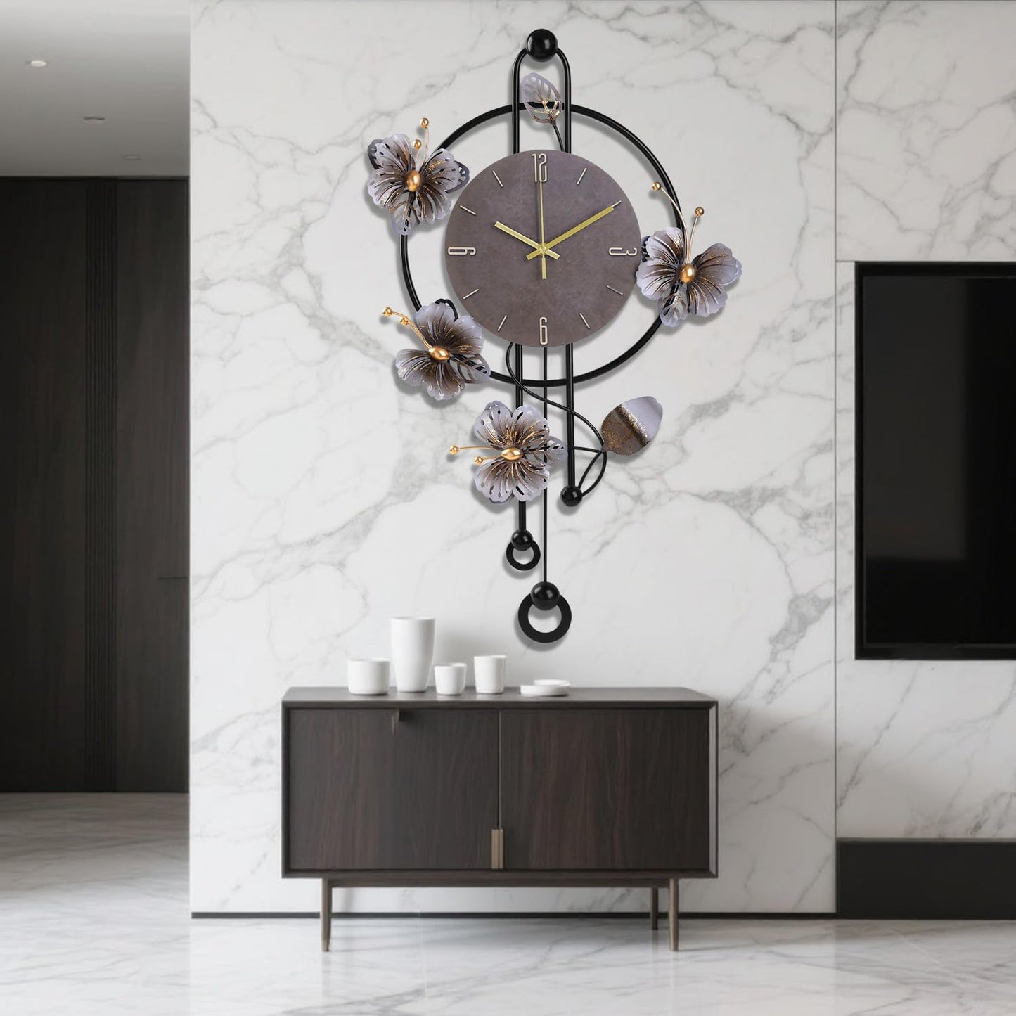 Wall Clock, Silent Quartz Movement Battery Operated with Pendulum, Oversized Metal Modern Large Wall Clocks for Living Room Bedroom Farmhouse Office Kitchen Home Wall Decor-18.8x29.5Inch(Brown)