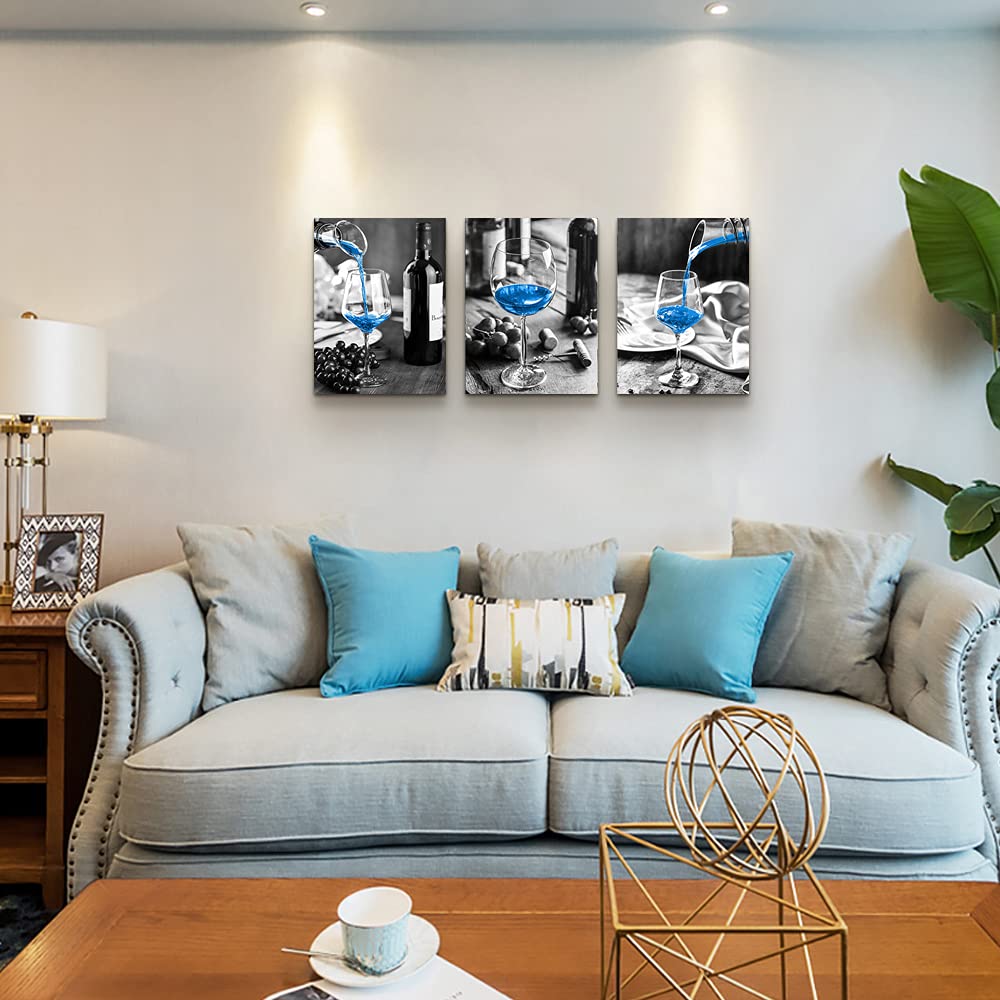 Canvas Wall Art For Kitchen Wall Decor For Dining Room Black And White Wine Glasses Painting Modern Blue Wine Canvas Art Prints Ready To Hang Pictures For Restaurant Home Decorations 16"X24" 3 Pieces